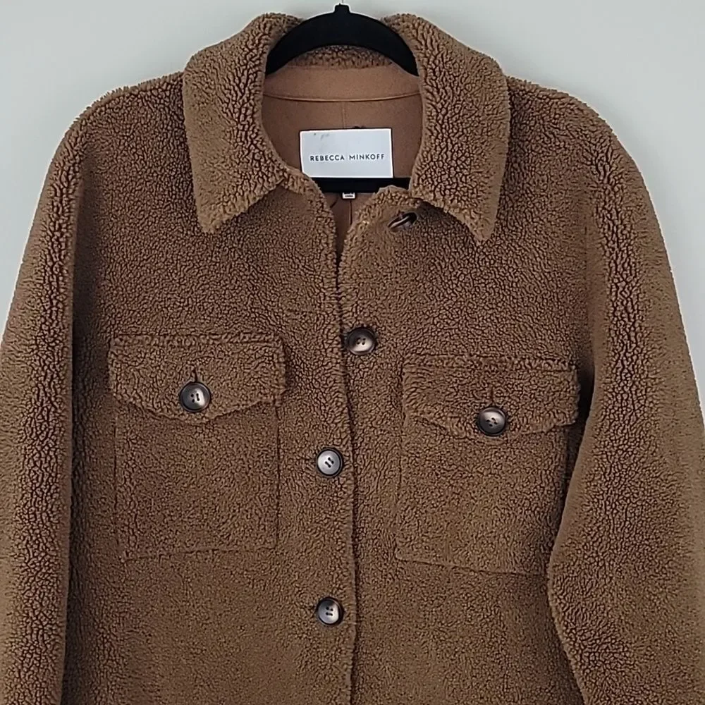 Rebecca Minkoff Brown Faux Shearling Button Down Long Overcoat w/Pockets Size XL - Picture 4 of 15